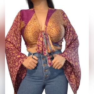 Luna Wild Tie-Front Boho Crop Top in Purple & Gold